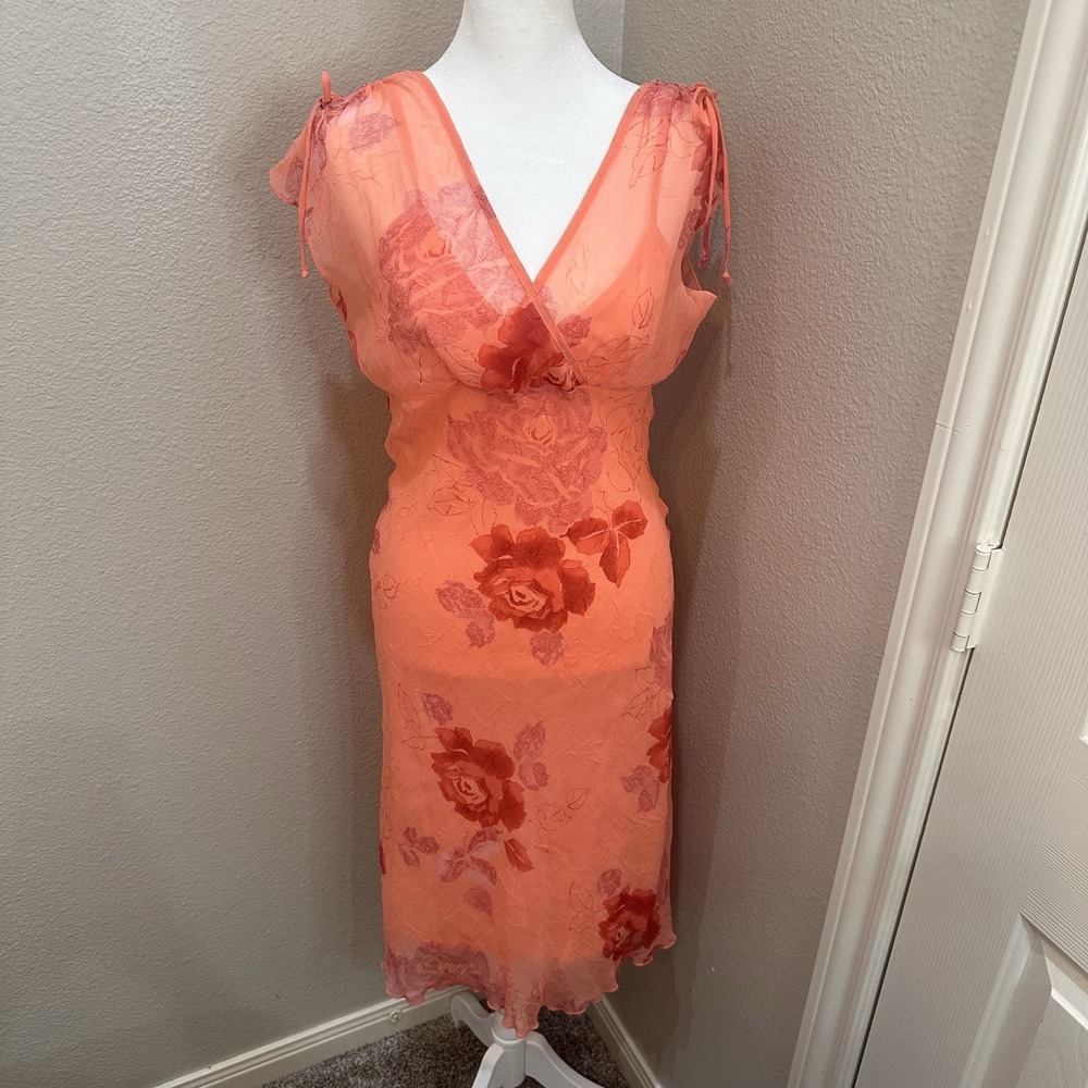 Y2K‎ Rampage Coral Floral Babydoll Midi Dress Sheer Lettuce Hem Fair Coquette 9